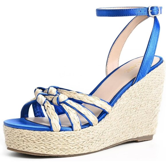 Sicare Open Toe Wedge Raffia Blue Women Espadrilles Braided Strappy Sandal - Picture 1 of 12